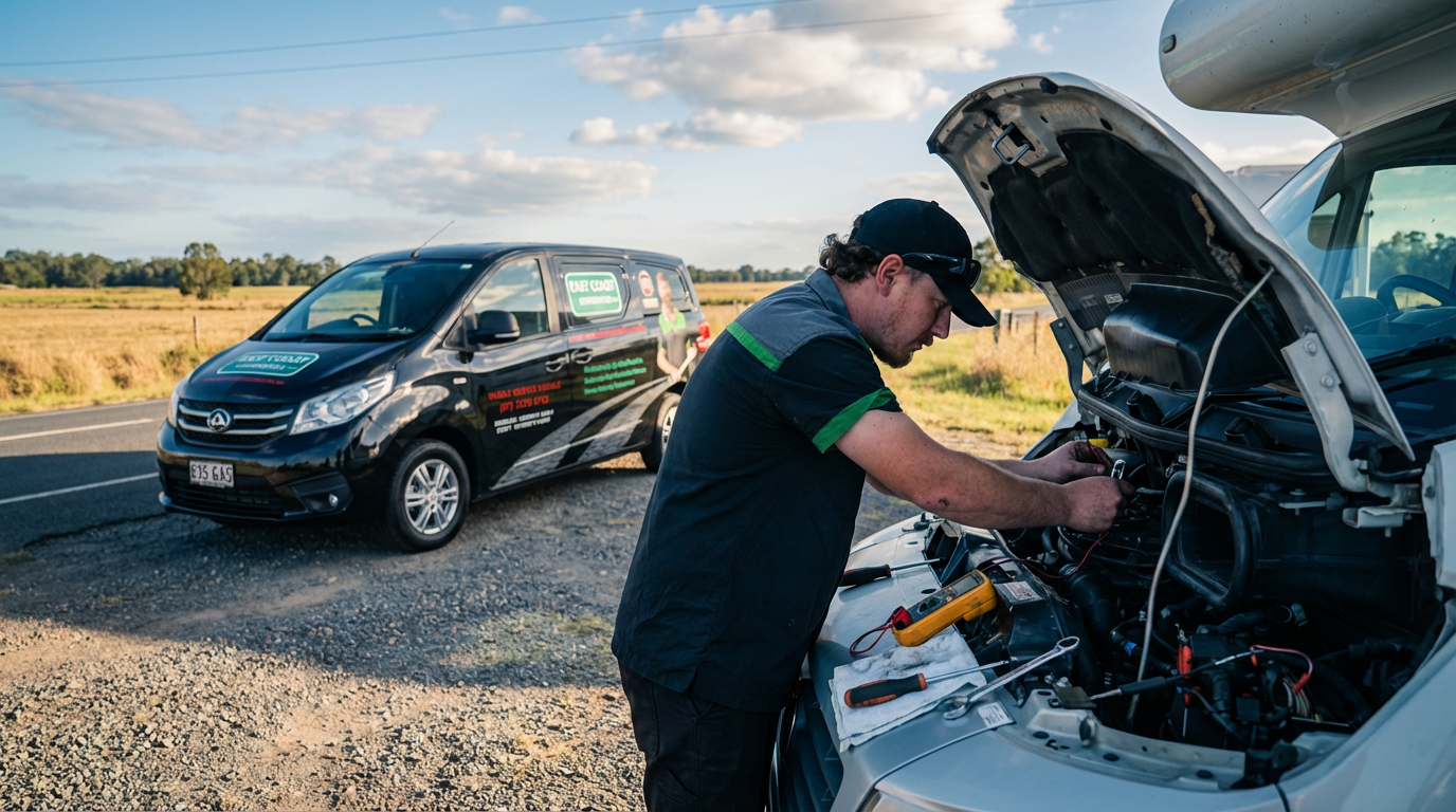 East Coast Commercials mobile mechanic working under a bonnet at the roadside, beside the mobile service van