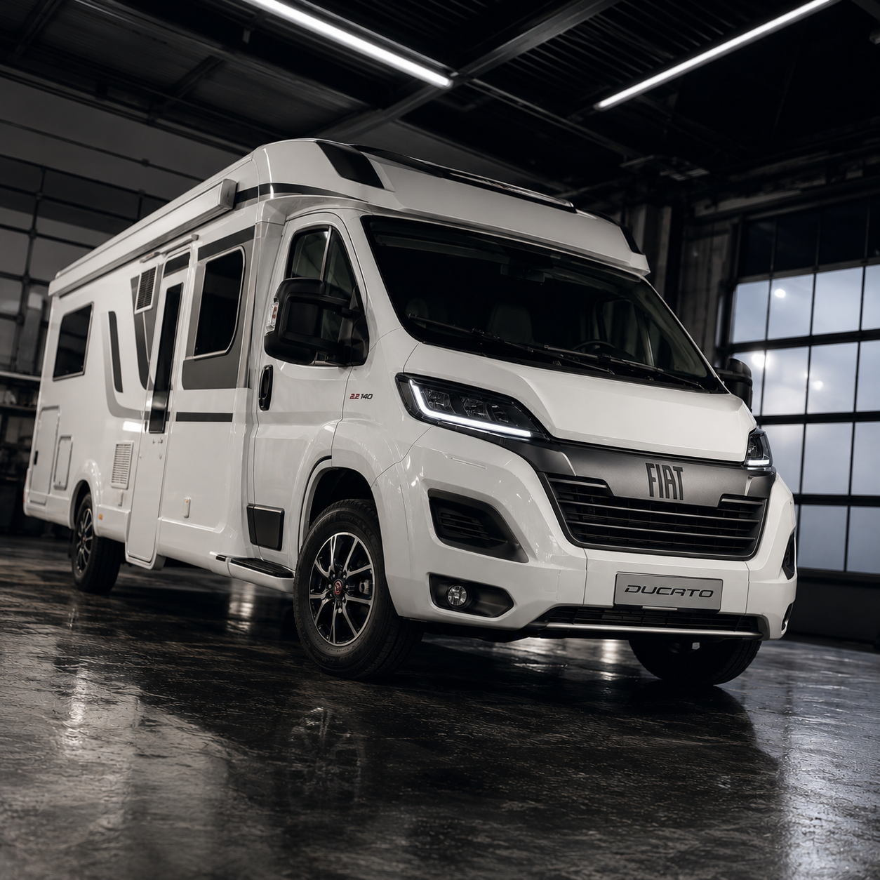 White Fiat Ducato motorhome parked in a workshop