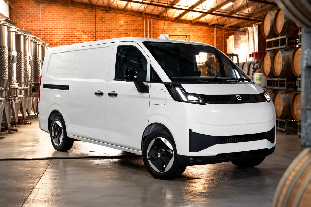 White Farizon V7E electric van parked inside a winery